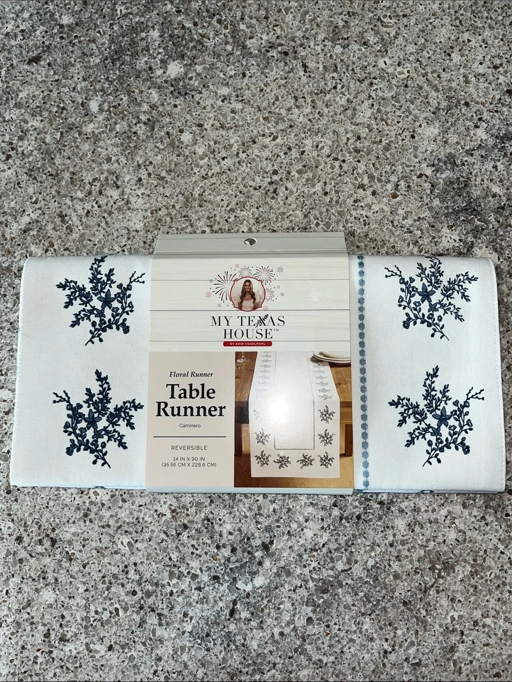 My Texas House Floral Cotton Table Runner, Blue and White, 14
